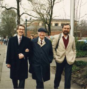 Cliff Mead, Head of the OSU Libraries Special Collections, Dr. Linus Pauling and Pauling biographer Tom Hager.  OSU campus, 1991.