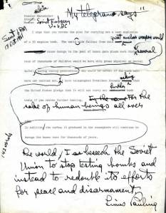 Draft of a letter from Linus Pauling to Nikita Khruschev, October 18, 1961.
