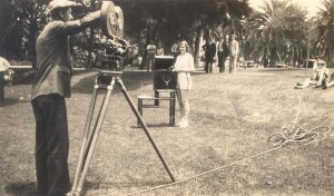 Pauline Pauling participating in a filmed athletics demonstration, Los Angeles, 1920s.