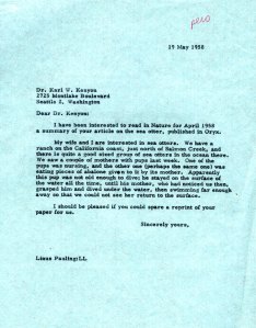 Letter from Linus Pauling to Karl Kenyon, May 19, 1958.