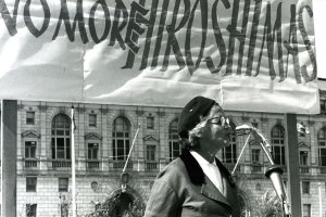 Ava Helen Pauling speaking at a "No More Hiroshimas" march, sponsored by Women Strike for Peace. August 1961. San Francisco, California.