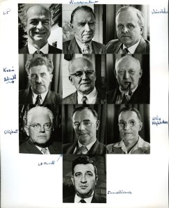 Portraits of participants in the Second Pugwash Conference on Science and World Affairs, March-April, 1958. Jerome Wiesner is depicted at bottom.