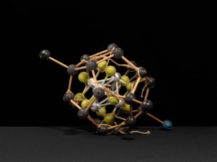A "tinker toy" molecular structure with rope. The rope was, perhaps, used to hang the model for display. Alternatively, it may have been used to demonstrate properties of bond valence. Ca. 1950s.